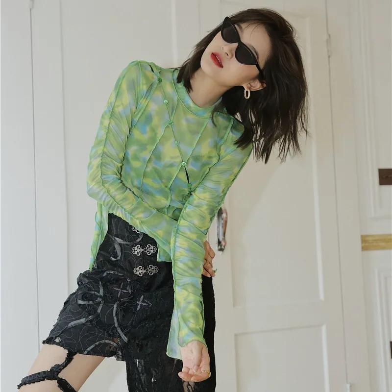 

Summer Green Top Irregular Chiffon Blouse Women Clothes Mesh Print Pullover Turtleneck Long Sleeve Shirts Harajuku Mujer Blusas