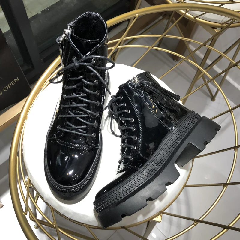 Женские мотоциклетные ботинки RASMEUP Теплые ботильоны из лакированной кожи на