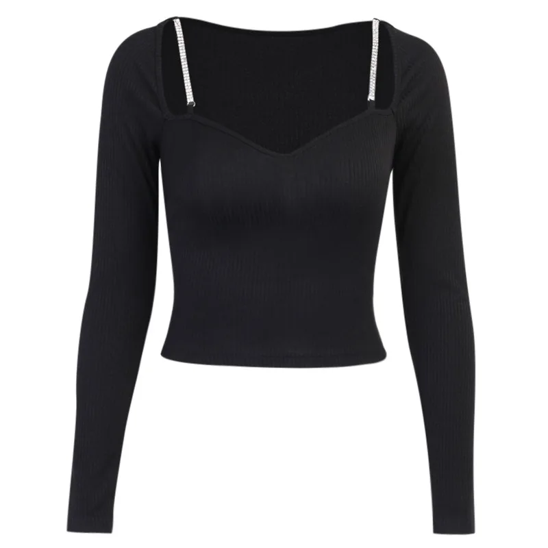 

Women T-shirts 2021 Chains Strap Long Sleeve Cropped Fitness Black Matching Outfits Girls Tube Top Spring New
