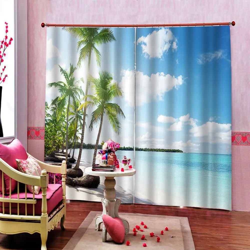 Blue Sea Landscape Beach Coconut Tree Curtain Digital Print For Living room Bedroom Window Drapes Indoor Decor 2 Panels Hooks | Дом и сад