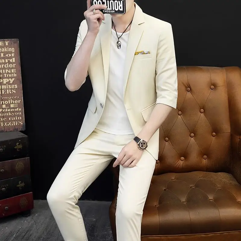 

One Button 3/4 Sleeve Suit Jackets with Pants Streetwear Men Suits Sets Two Pieces Summer Suit Slim Fit Mens Clothing Plus XXXL