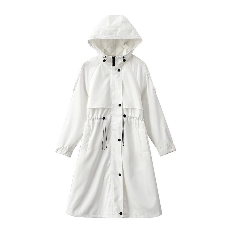 

Fashion Womens Trench Coats Hooded Long Adjustable Waist Spring Autumn Windproof Lady Female Casual Clothes Red White Green