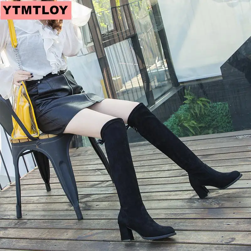Узкие сапоги до колена из искусственной замши Зимние женские Пикантные высокие