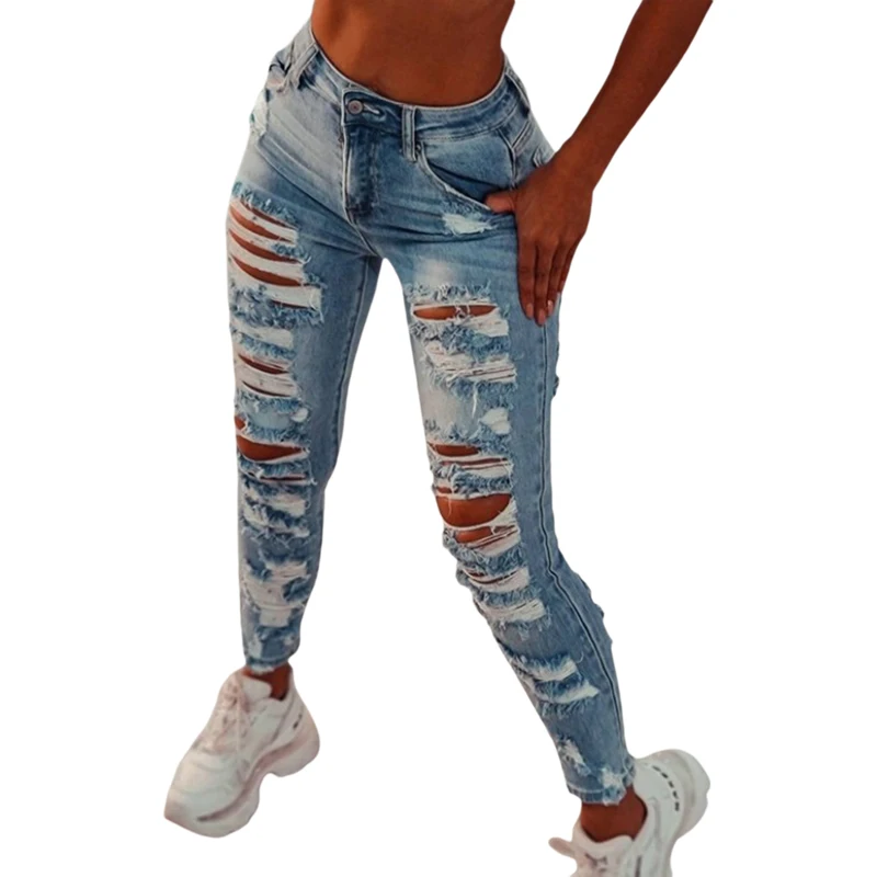 

Kayotuas Women Jeans Denim Blue High Waist Ripped Hole Hollow Out Pencil Trousers Skinny Ladies Basic Streetwear S-3XL