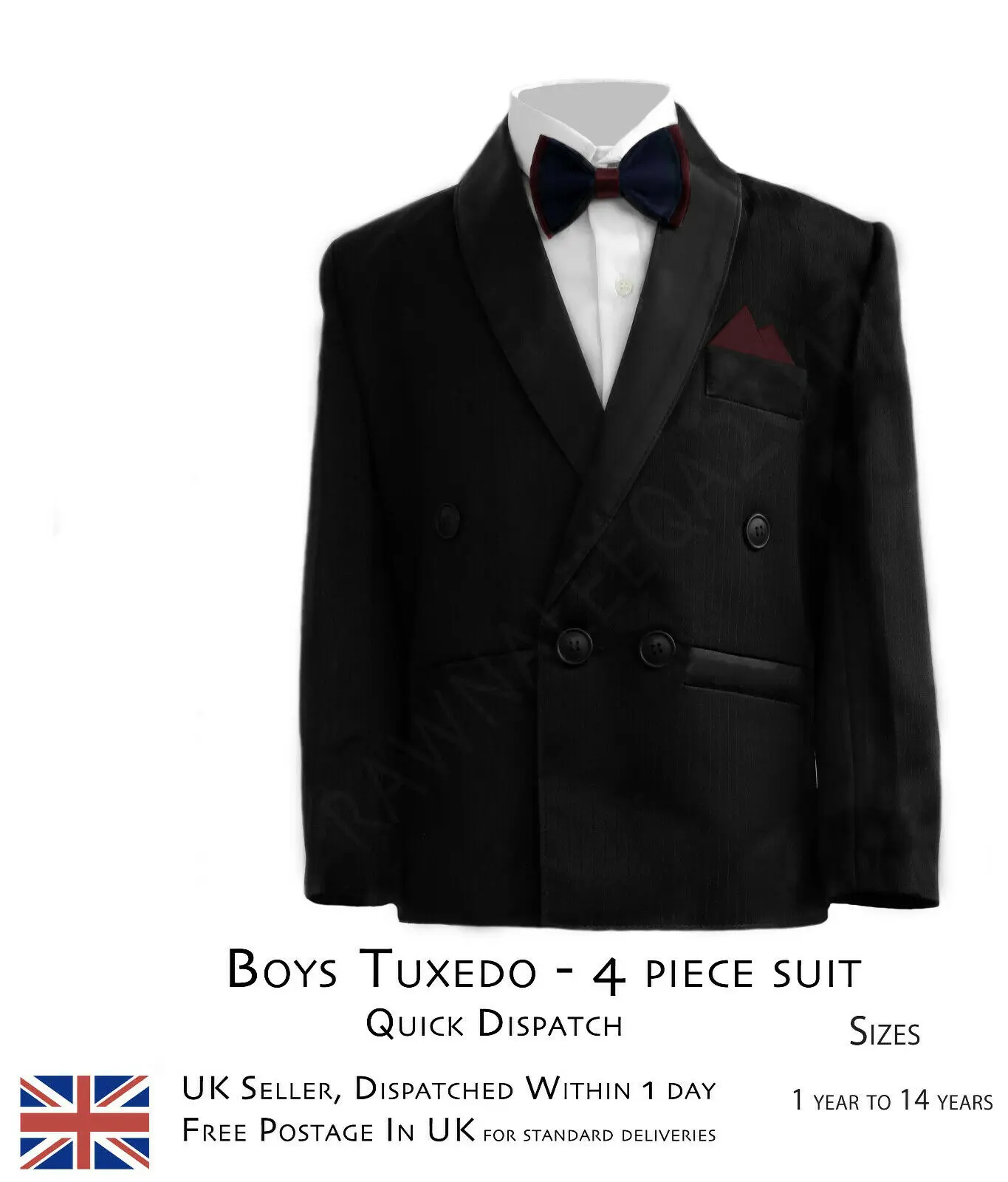 

BOYS BLACK 4 PIECE Tuxedo SUIT World Book Day Prom Party suit Kids Tuxedo suit suit boy