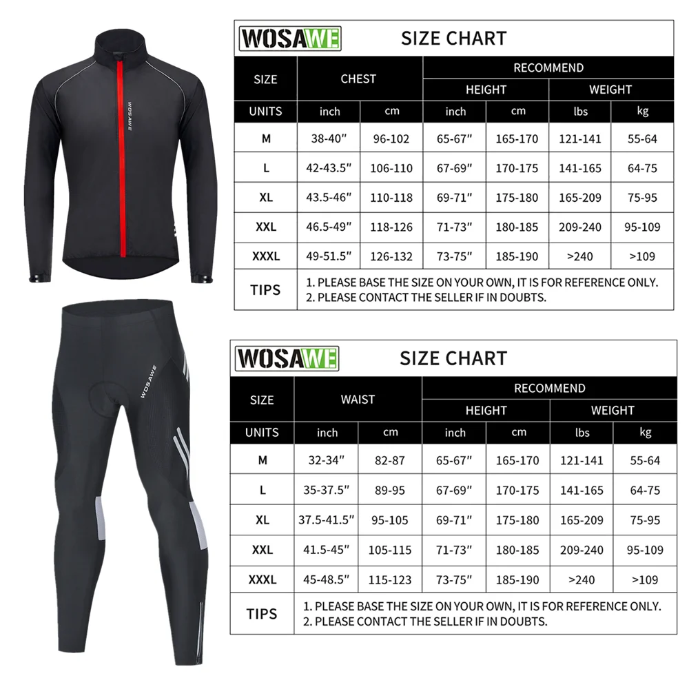 

WOSAWE Windproof Cycling Jackets Men Riding Waterproof Cycle Clothing Bike Long Sleeve Jerseys Reflective with Padded Pants