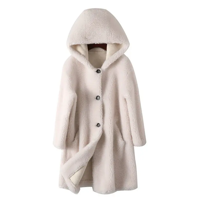 Women 2022 Autumn Winter Long Real Fur Sheep Shearling Fur Coats Female Natural Wool Outwear Hooded Lamb Fur Jackets X862