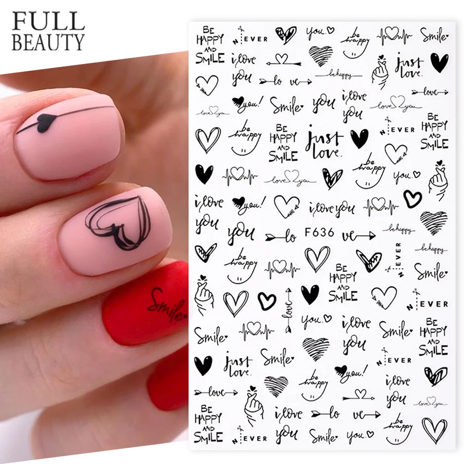 

3D Love Heart Nails Stickers Cool Black Line English Letter Design Decals Abstract Geometric Sliders Manicure Decor Tips CHF636
