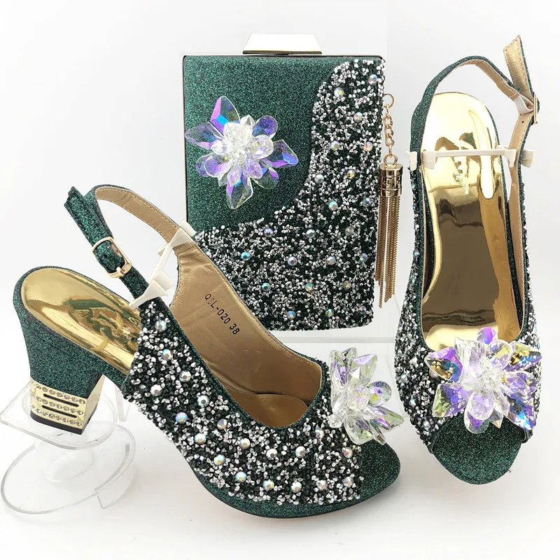 

Beautiful D.blue women pumps match handbag set with crystal flower style african high heel dress shoes and bag QSL020,heel 8CM