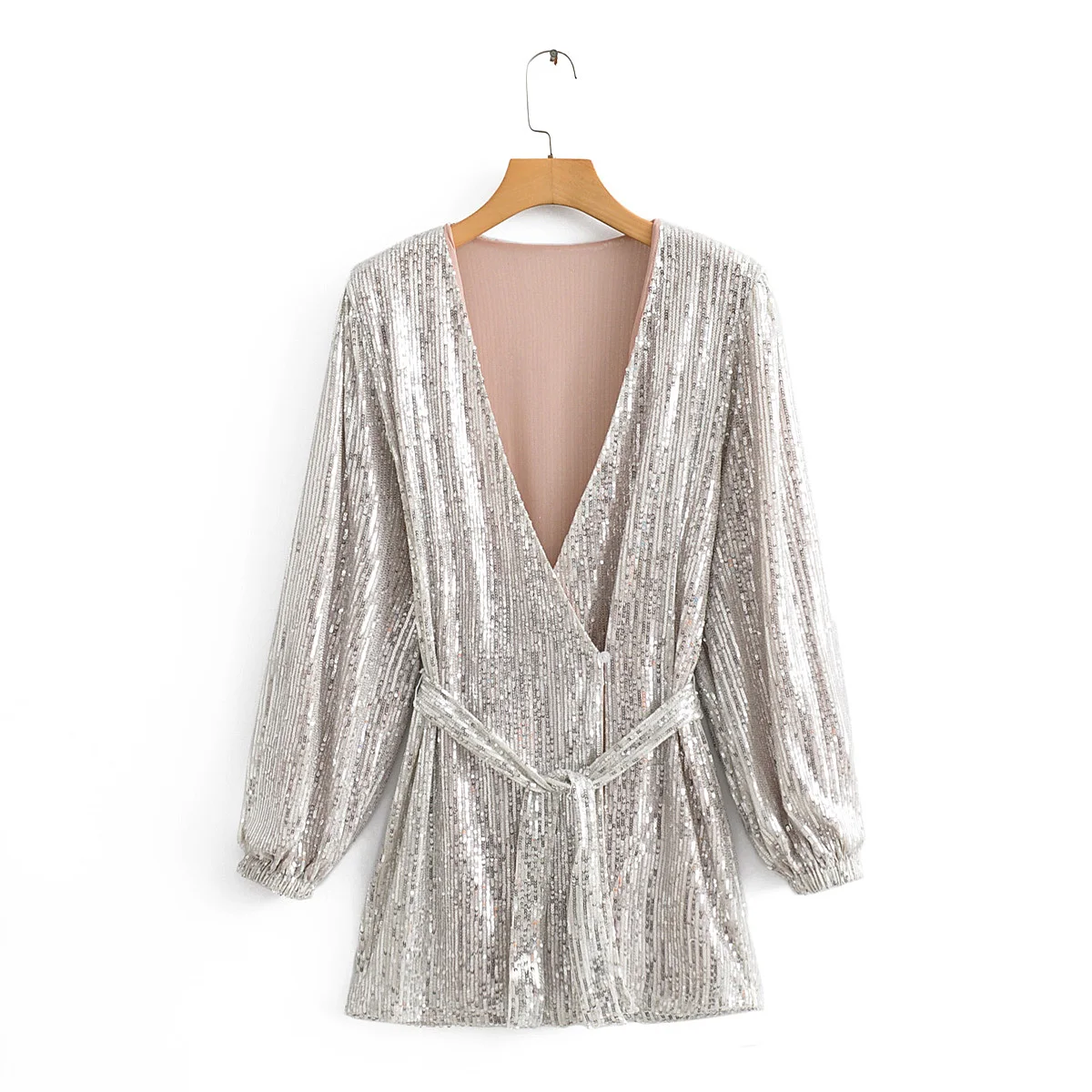 

Silver sequin christmas dress women lantern long sleeve vintage party dress sexy v ncek sash button wrap glitter dress vestidos