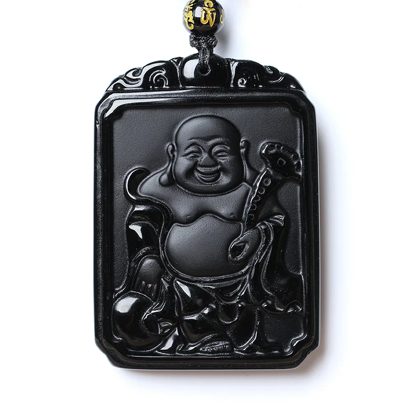 Ожерелье из бусин натурального черного обсидиана ручная работа подвеска Будды