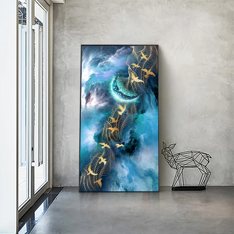 HD принты золотые птицы фотографии луна абстрактный пейзаж живопись домашний
