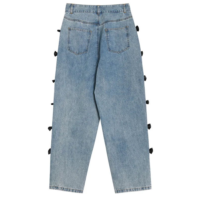 

High Waist Blue Side Bow Spliced Long Wide Leg Jeans New Loose Women Trousers Fashion Tide Spring Autumn 2021