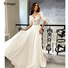 Винтажное свадебное платье Verngo в стиле бохо, полурукава, прозрачный вырез, кружевной топ, шифоновая юбка, искусственная кожа