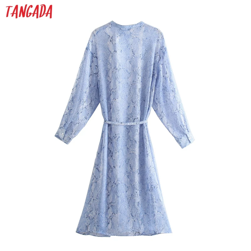 

Tangada Fashion Women Blue Snake Print Shirt Dress Long Sleeve Office Ladies Midi Dress with Slash 5Z106