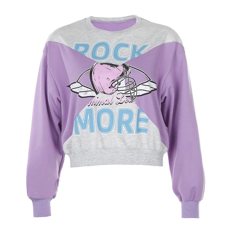 

Purple Letter Stitching Contrast Tops Casual Loose Crewneck Sweatshirt Vintage Brand Design Streetwear Long Sleeve Clothing