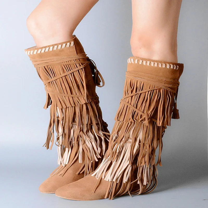 

Tassel Women Suede Leather Knee Boots Fashion Runway Catwalk Bootie Inreased Heel Rivets Decor Fringed Boot