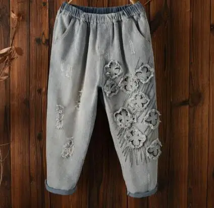 Женские рваные джинсы с высокой талией джинсовые штаны шаровары из хлопка