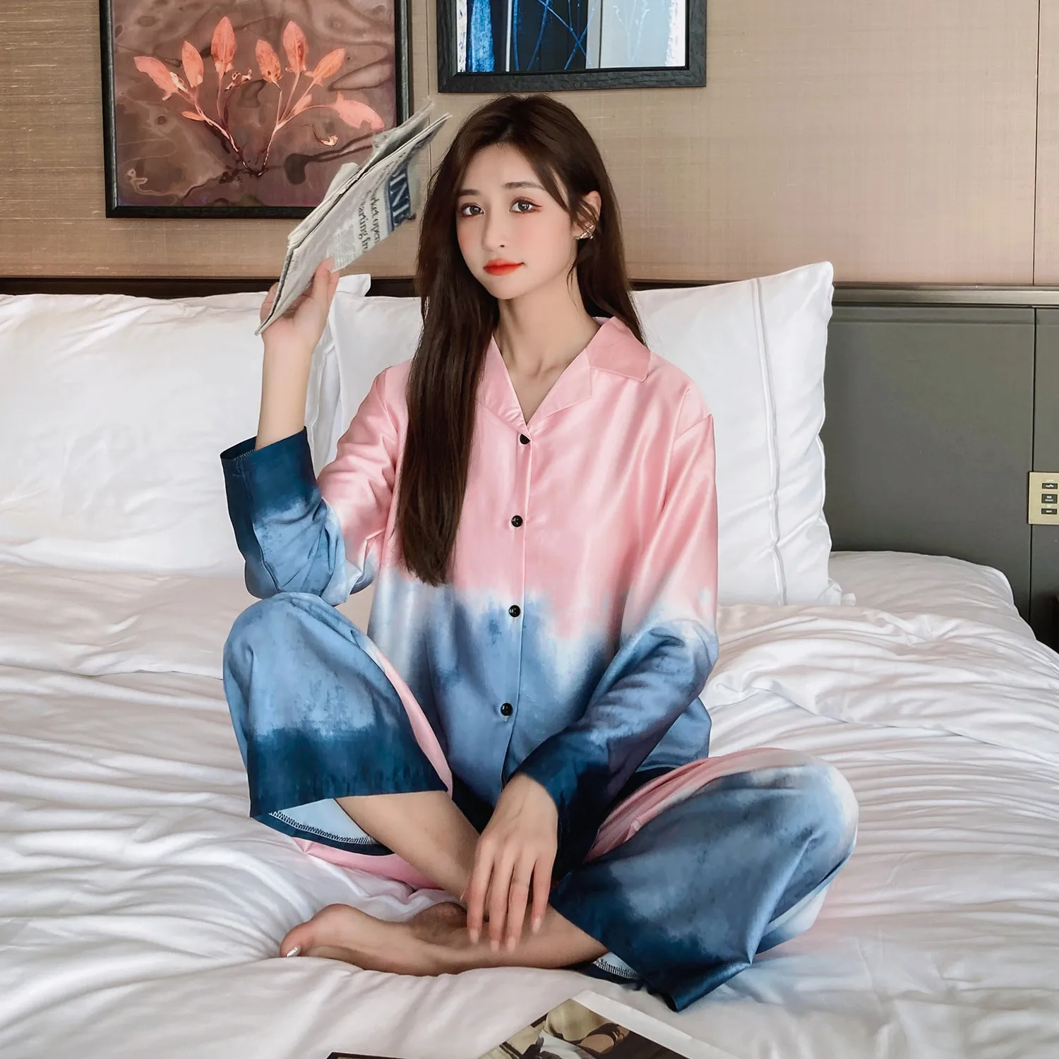 

Plus Size Home Suit Kawaii Clothes Summer Silk Pajamas Fashion Loose Two Piece Loungewear Women Sexy Long Sleeve Casual Homewear