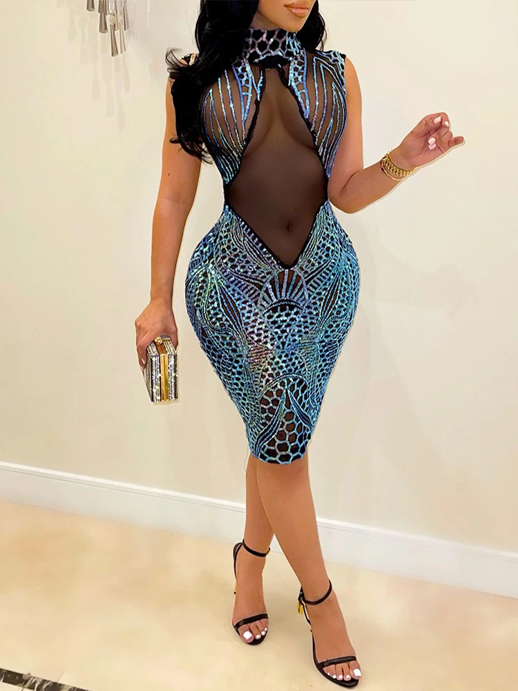 

Сексуальное элегантное платье Shein Romwe для женщин, прозрачное Сетчатое облегающее платье без рукавов с блестками, вечернее мини-платье 2021, ро...