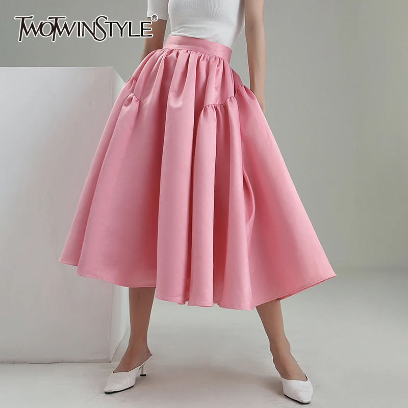 

TWOTWINSTYLE Casual Pink Ruched Slim Long Skirts Females Korean Fashion A Line Midi High-waisted Skirt For Women 2022 Summer New