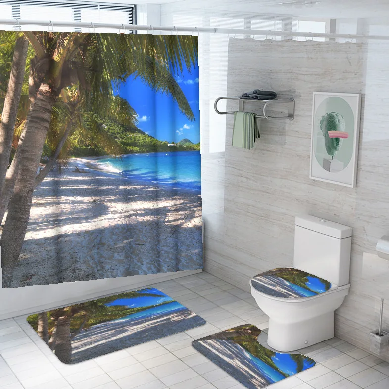 

Sunny Beach Scenery Seaside 3D Printing Shower Curtain Polyester Waterproof Home Decoration Curtain with Hook Toilet Seat Mat