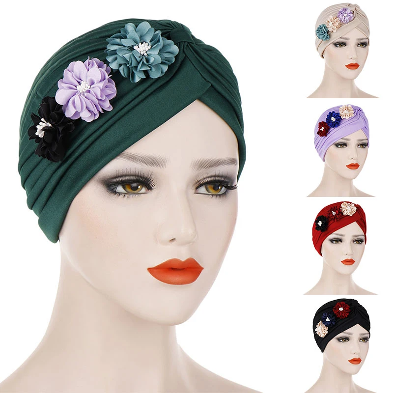 

Women Flower Hair Turban Muslim Hijab Caps Fashion Cotton Night Cap Crinkle Bonnet Lady Headscarf Head Cover Hair Accessories