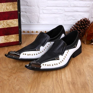 Christia Bella British Style Men's Fashion Metal Pointed Toe Shoes Black and White Joint Genuine Leather Rivet Men Party Shoes