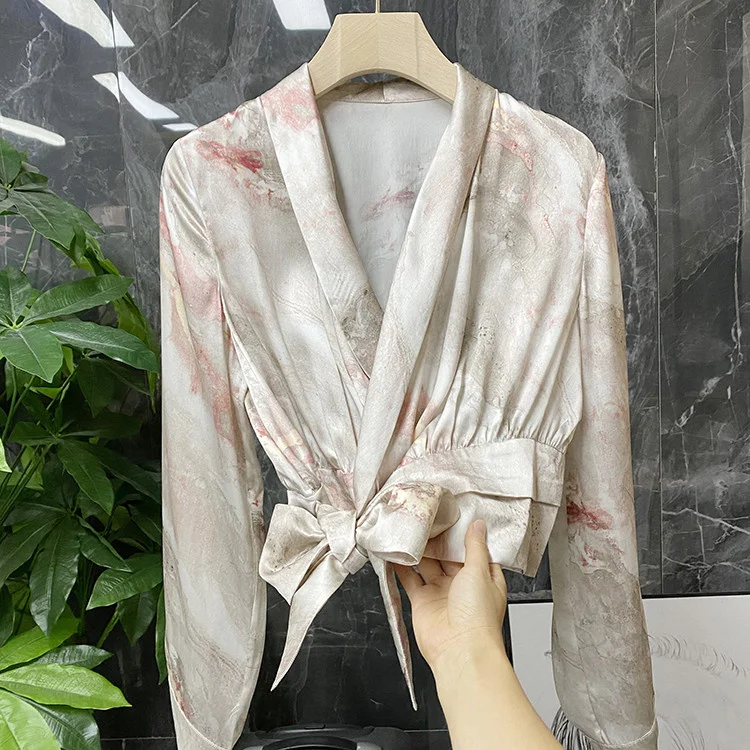 

Chiffon Cross Collar Bandage Silk Blouse Female