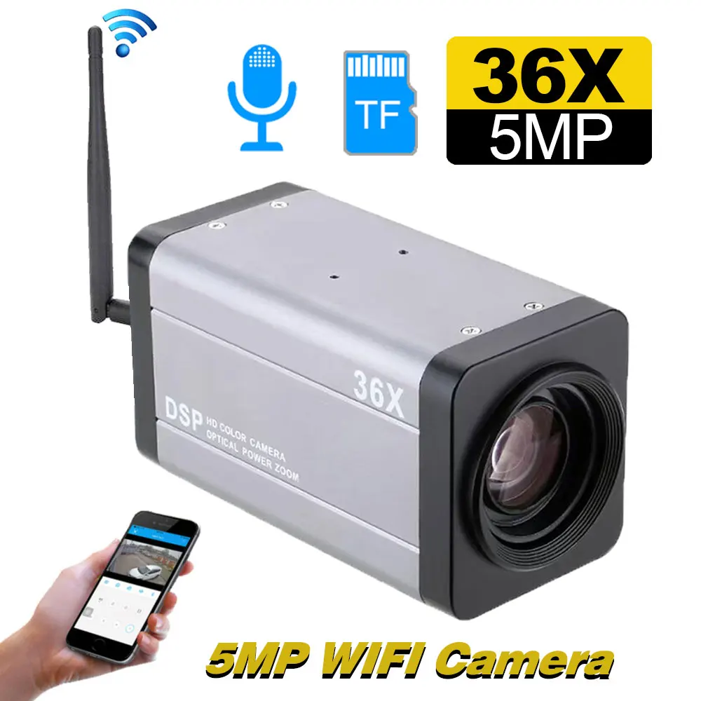 5MP Wifi HD IP Camera 36X Optical Zoom Auto Focus Wireless CCTV IP Audio Box Camera Onvif Xmeye APP Support RTSP TF Card Slot