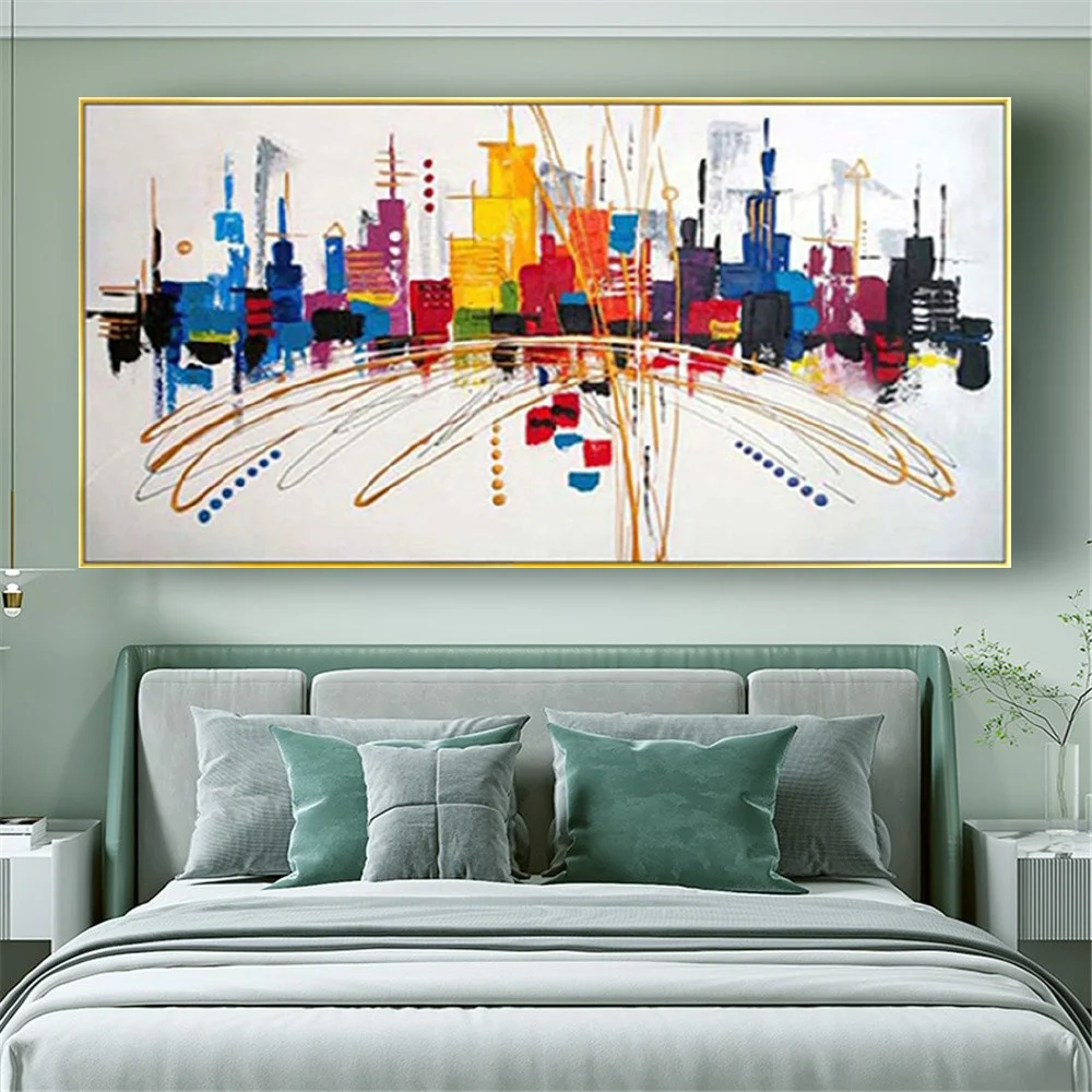 

100% Handpainted Landscape Oil Paintings City Panorama Building Canvas Poster Acrylic Wall Art Picture for Living Romm Decor