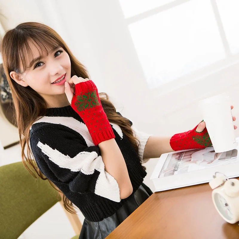 Рождественские вязаные перчатки без пальцев с оленем короткие теплые варежки на