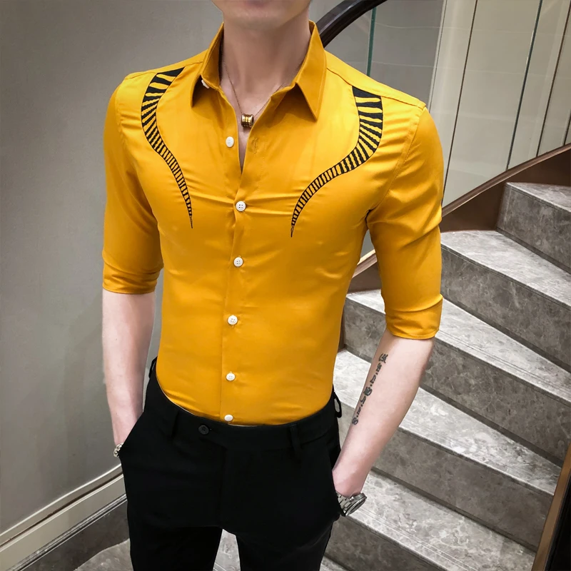 

Мужские рубашки, красивая летняя уличная одежда, тонкая декоративная рубашка с вышивкой и рукавом до локтя, Мужская Корейская Клубная одежд...