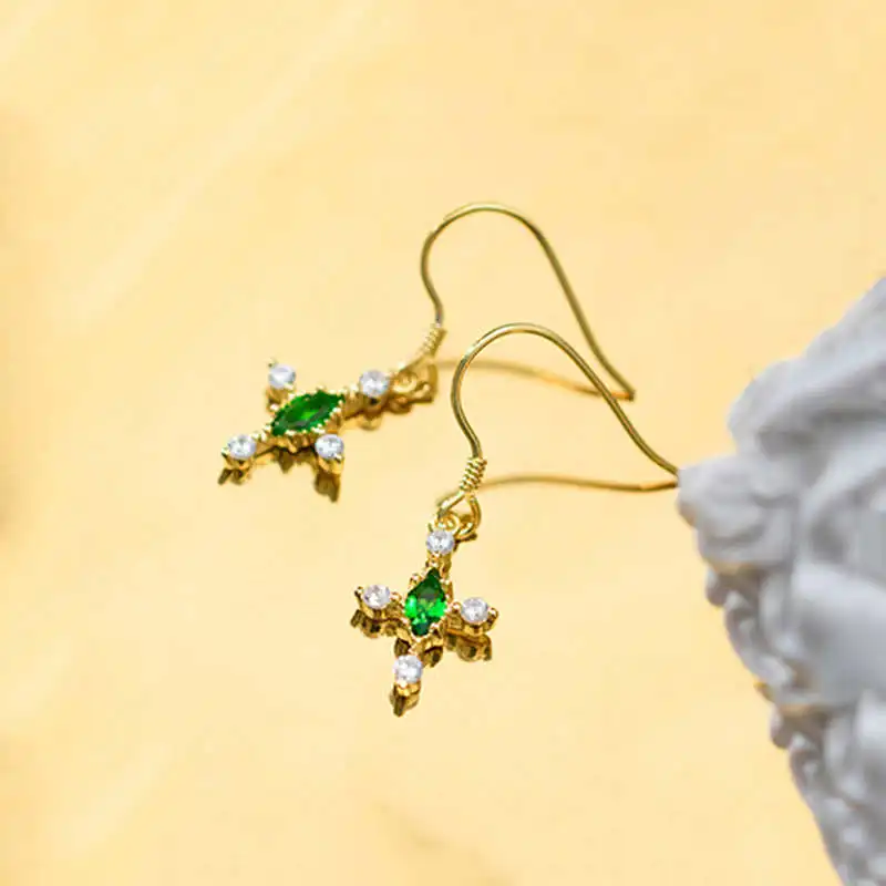 

PONYKISS Romantic S925 Sterling Silver Green Zircon Cross chic Drop Earrings for Women Party Delicate Accessory girl gift