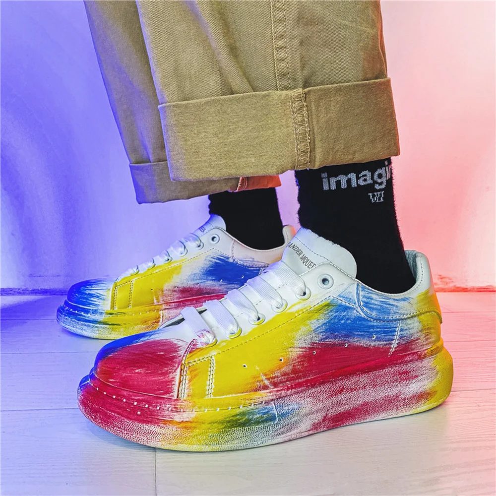 

Mens Graffiti Rainbow Colors Sneakers Lace Up Skateboard White Sport Shoes Boys Black Athletic New 2022