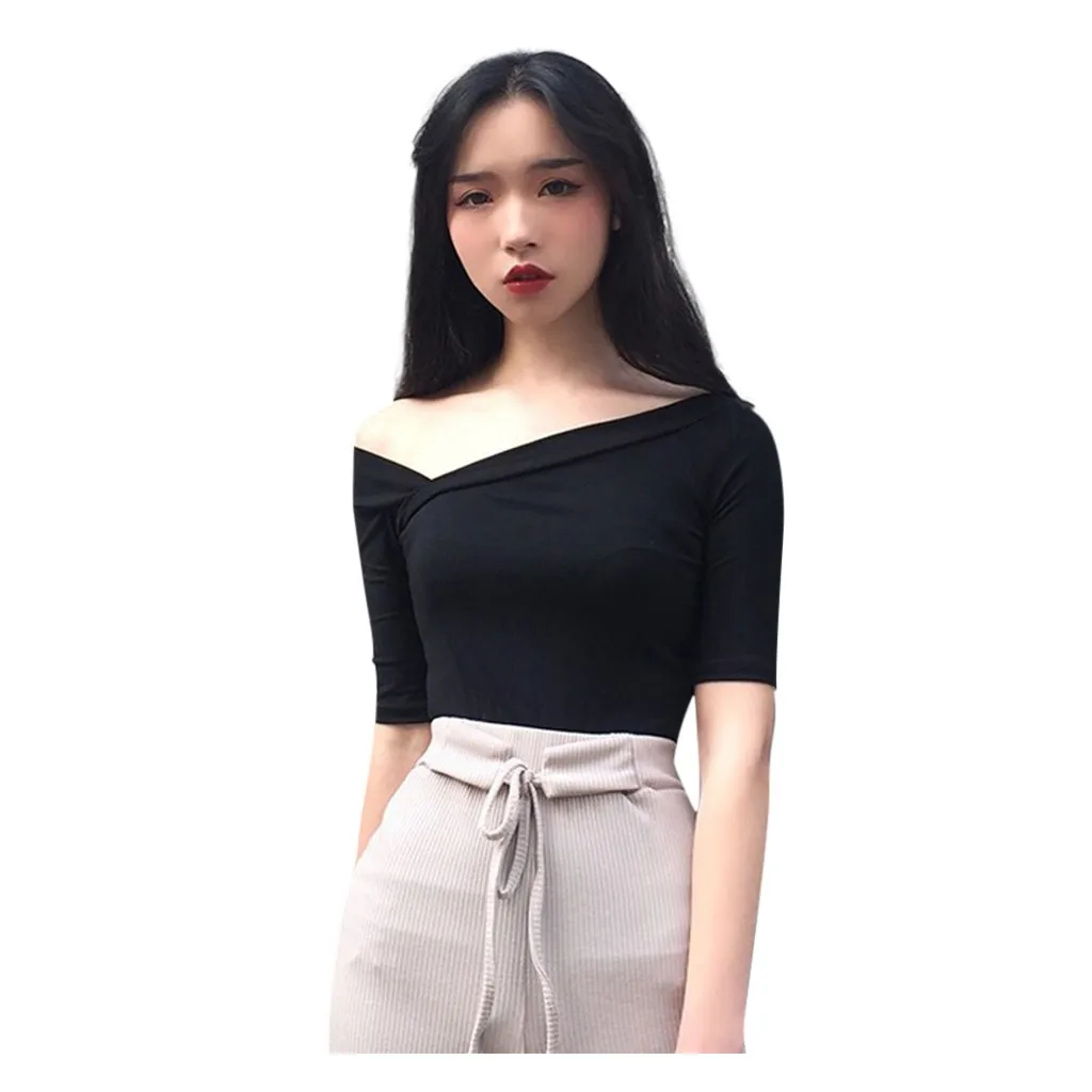 Женская футболка с косой шеей летняя ассиметричная крест короткий рукав