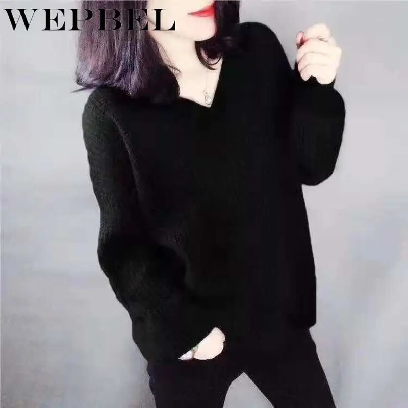 

WEPBEL Autumn Winter Cashmere Sweater Women Pullovers Warm Sweaters Ladies Loose Knitted Sweater V-neck Oversized Sweater Jumper