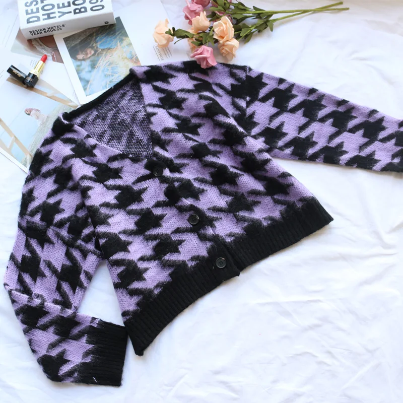 

Mohair Loose V-neck Lazy Knitted Winter Coat Women Sweater Black Purple Grid Tops Autumn 2020