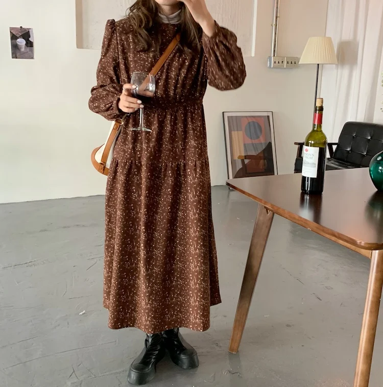 

Korean Ins Style Early Spring New Thickened, Sanded Fabric Cute Youth-Looking Vintage Floral Waist Slimming Elegant Dress