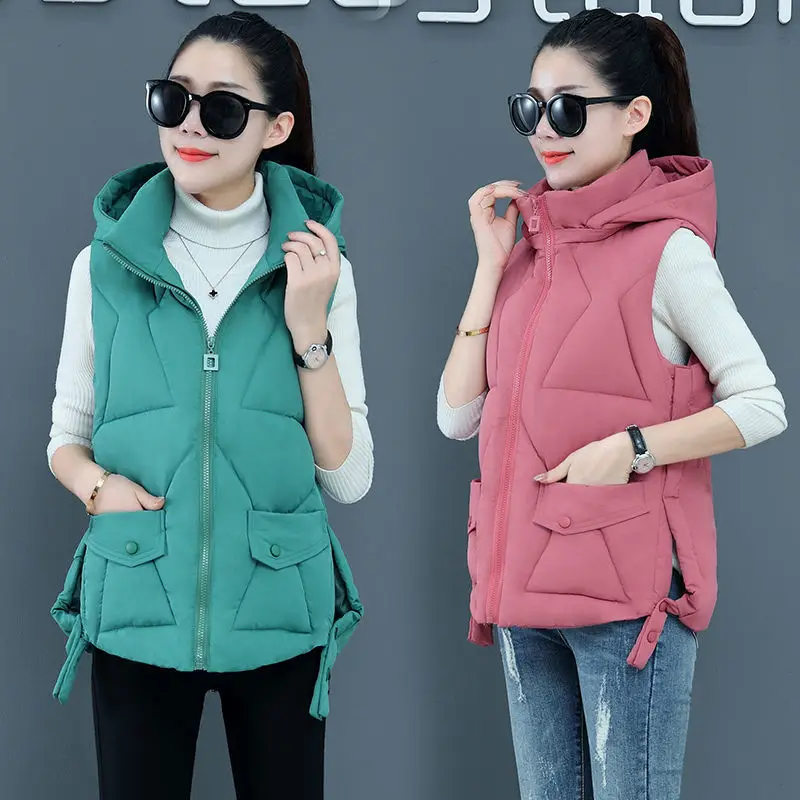 

Новинка 2021, Модный зимний хлопковый жилет, женское короткое пальто, женский жилет на осень и зиму, плотная Женская куртка без рукавов с капюш...