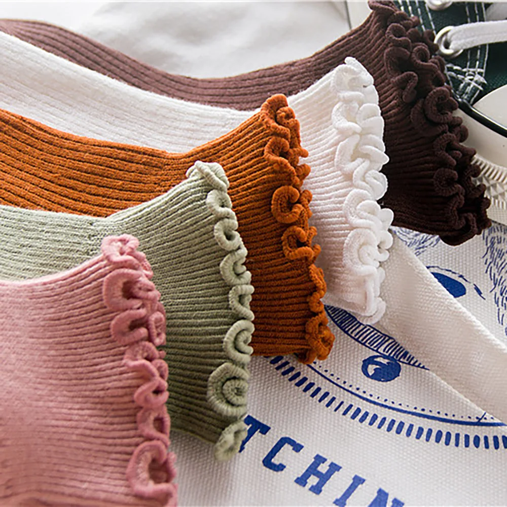 Носки женские с кружевными оборками мягкие хлопковые однотонные милые удобные |