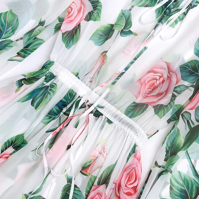 

2021 Spring and Autumn New Rose Swing Maxi Dress Big Swing Chiffon Printed Dress A-Line Dress for Women