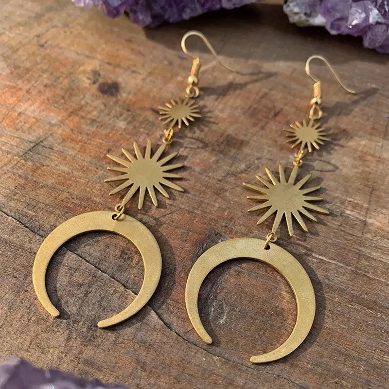 

New light weight long celestial Rising Sun Sun Star gold brass earrings jewelry