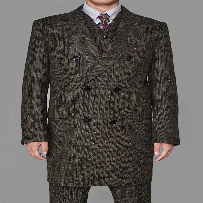 Мужские кофейные цветные винтажные Длинные костюмы с рисунком в елочку 3 шт. |
