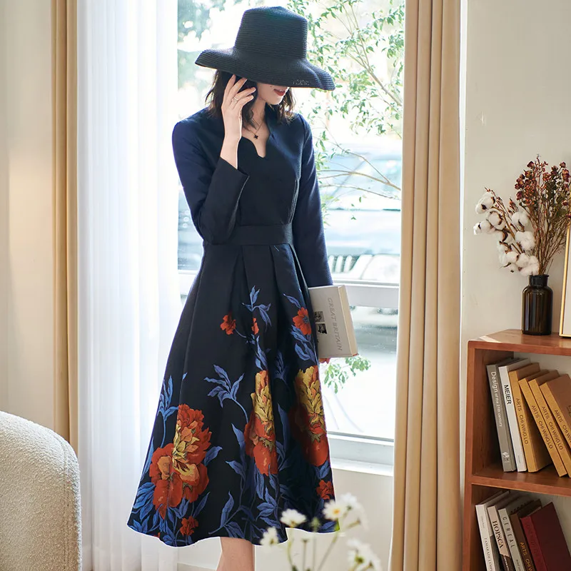 Original Design England Style Floral Jacquard Drss V-neck Women Luxury Evening Dress Vintage New Year Slim Waist Zipper | Женская одежда