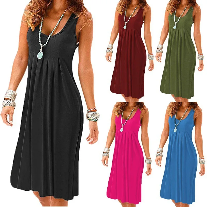 

Beach Sleeveless Dress Ladies Summer Casual Dresses Solid Color Pleated Robes Sexy Club Clothes Party Outfits Clubwear Vestidos