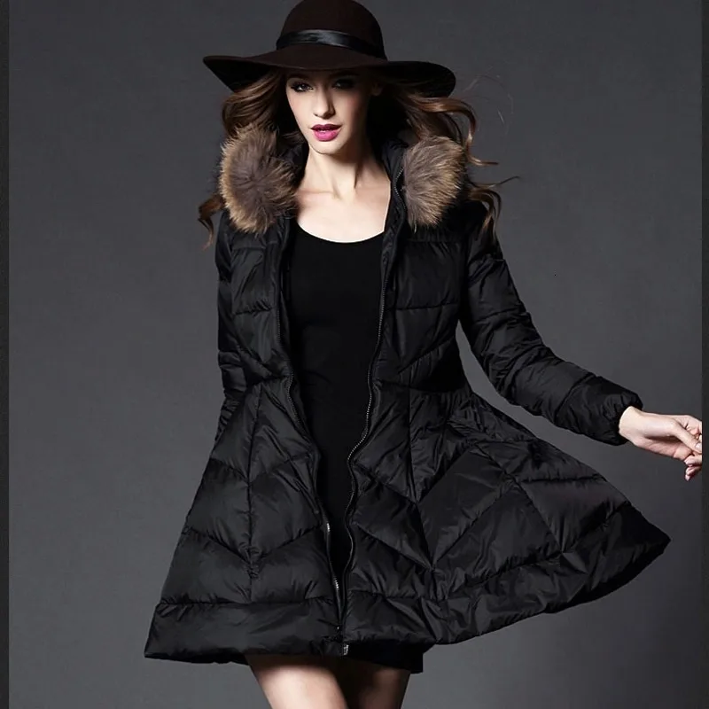 

Top Brand Womens Winter Warm 80% White Duck Down Coat Reccoon Collar Cloak Cape Female Long Jacket Parka Outwear Overcoats S-2XL