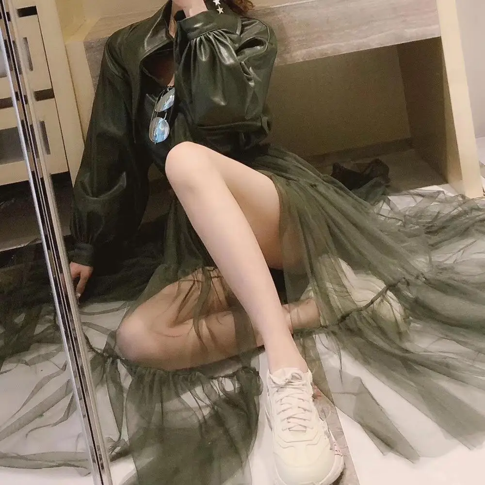 WHITNEY WANG/ осенне-зимняя модная уличная дизайнерская стильная сетчатая юбка с подолом, лоскутное пальто из искусственной кожи, Женская куртка из искусственной кожи