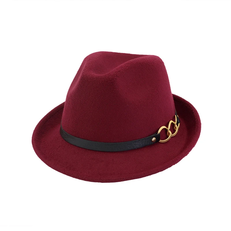 Wine Red fedora FS, мужские, женские, шерстяные шапки-трилби с цепочкой на поясе, цвета хаки, красные, черные, зимние, Осенние, рулонные, для официальных вечеринок, шерстяные фетровые шляпы, унисекс - Цвет: Wine Red fedora