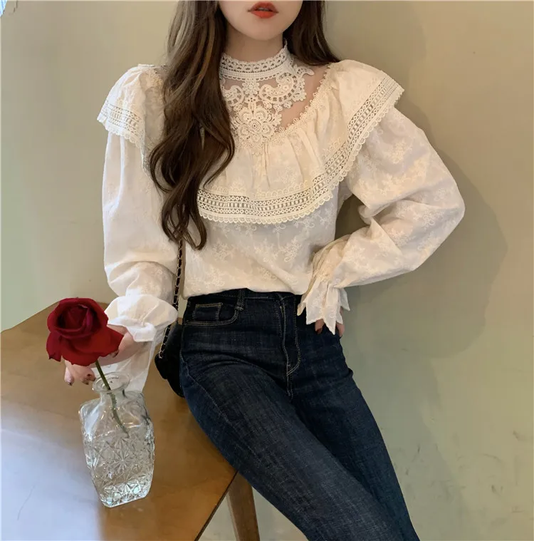 

Loose Flare Sleeve Spring Autumn Women's Clothing Loose Shirts Ruffles Perspective Ladies Tops Korean Clothes Fashion Brand New